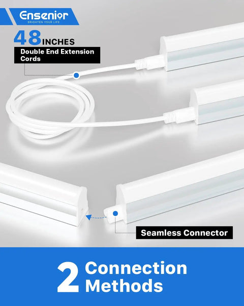 Image of Eight Pack T5 LED Shop Lights showing double end extension cords and seamless connector for linkable setup.