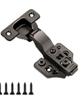 Twenty Pack Inset Soft Close Cabinet Hinges Delivering Rock Solid Three Way Adjustment and Hella Smooth Self Closing Cycle For Everyday Kitchen Cabinetry Includes Full Mounting Set In Classic Black, showing hinge with screws.