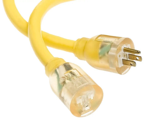 Heavy Duty 50 Foot Outdoor Extension Cord With Lighted End For Safety Waterproof SJTW 10 3 High Visibility Yellow Jacket With Lighted Ends