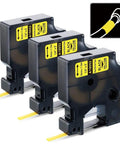 No Sweat Heat Shrink Tube Labels Compatible With Dymo 18052 Printers 3 Pack of black on yellow tape cartridges for wiring tasks.