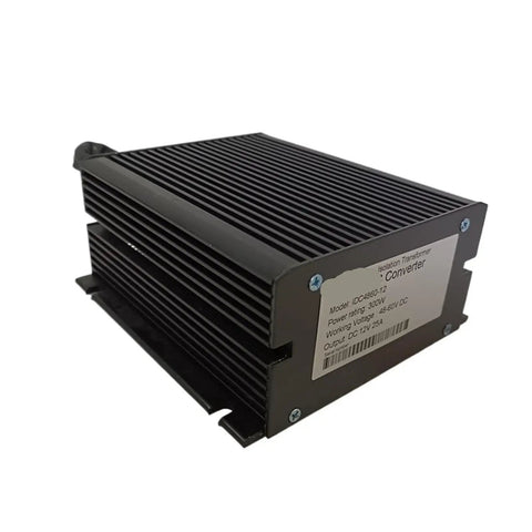 Heavy Duty Isolation DC To DC Converter 48V And 60V Input Steps Down To Stable 12V Output At Solid 25 Amps Side view of the black regulator.