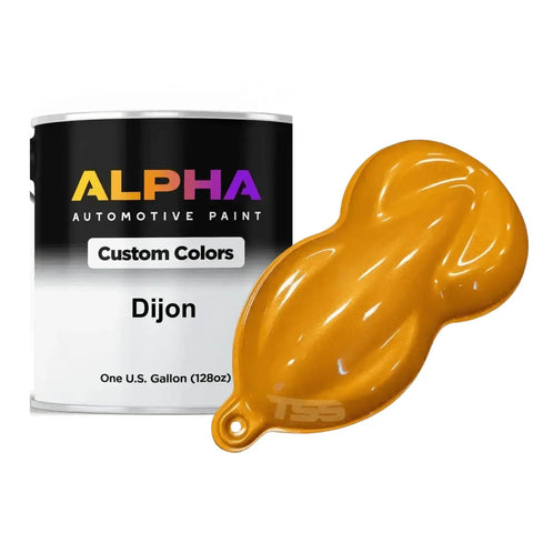 Premium Pearlescent Mustard Yellow Auto Basecoat Paint Gallon With Integrated Medium Reducer Ready To Roll For Weekend Wrenchers And Custom Shops Featuring Slick Gold Pearl Sparkle Finish, Dijon color sample next to paint can.