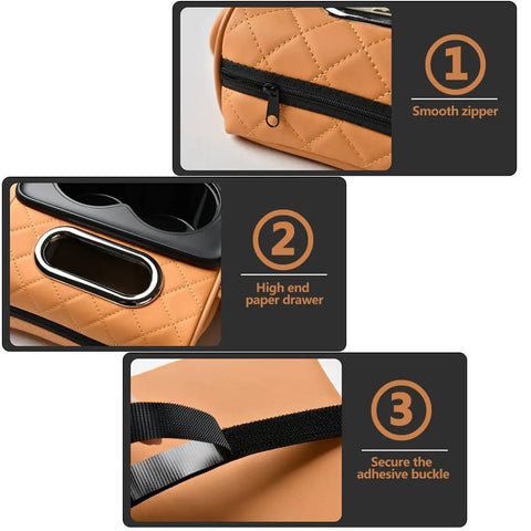 Detailed view of 5 In 1 Armrest Cushion Organizer For Sedans With Side Storage Pockets Cup Holder Tissue Box Slot and Interior Car Organizer Black