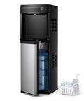 Top Shelf 4-In-1 Countertop Water Dispenser Plus Fast Ice Maker With Bottom Loading Cooler, glossy black with ice tray.