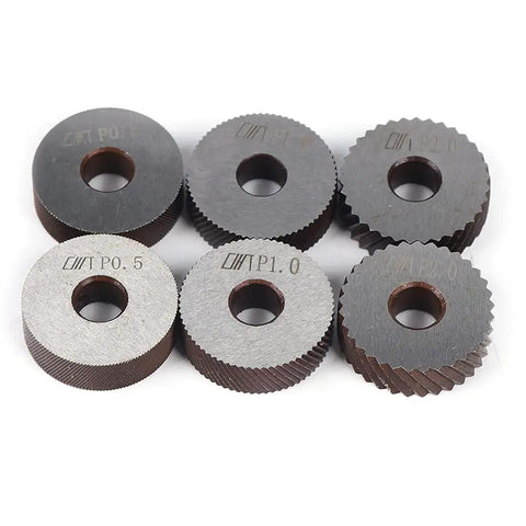 Six steel knurling wheels for Pro Grade Diagonal Dual Wheel Linear Knurling Tool For Metal Lathe Turning, 0.5, 1.0, 2.0 mm pitches.