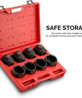 Heavy Duty Three Quarters Inch Drive Socket Set, Eight Piece Jumbo Sockets, SAE Sizes From Two And One Sixteenth Inches Through Two And A Half Inches, Chrome Moly Steel, CrMo Construction, Mechanic Grade Impact Socket Set For Tough Jobs in red case