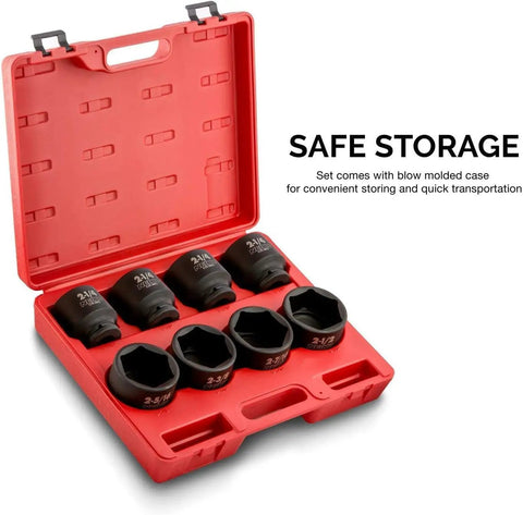 Heavy Duty Three Quarters Inch Drive Socket Set, Eight Piece Jumbo Sockets, SAE Sizes From Two And One Sixteenth Inches Through Two And A Half Inches, Chrome Moly Steel, CrMo Construction, Mechanic Grade Impact Socket Set For Tough Jobs in red case
