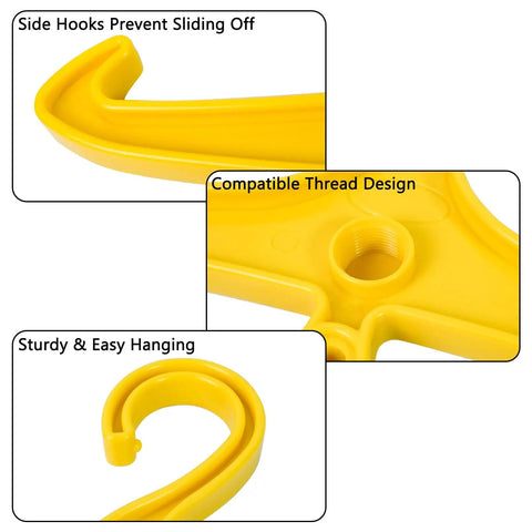 Close-up of yellow Heavy Duty Scuba Gear Hanger Set for Regulators and BCDs, showing side hooks, threaded design, and sturdy construction