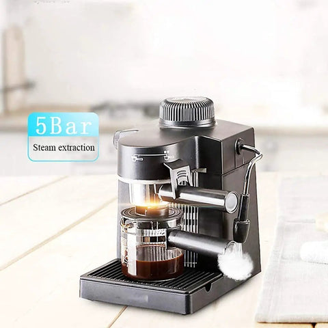 Semi Automatic Bean To Cup Coffee Maker With 5 Bar Pump And Auto Milk Frother Made Real Smooth For Home Espresso Shots brewing coffee on the countertop.