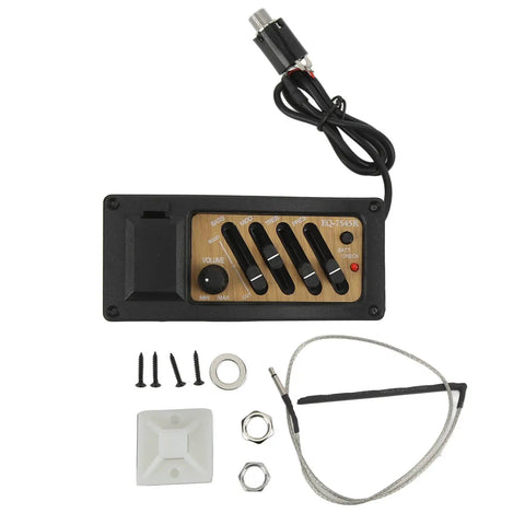 Acoustic Guitar Preamp With 4 Band EQ Equalizer Onboard Pickup System In Wood Grain Finish, showing components and wiring for installation.