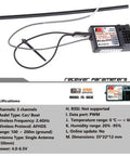 Flysky FS-GT2 RC Transmitter With FS-GR3E Receiver, shown with specifications and single 150mm antenna.