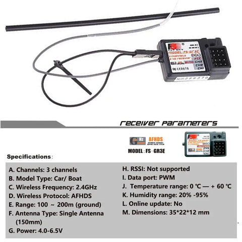 Flysky FS-GT2 RC Transmitter With FS-GR3E Receiver, shown with specifications and single 150mm antenna.