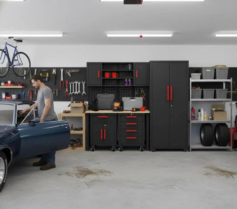 Heavy Duty Garage Storage Cabinet Set For Tool Organization 6 Piece System With Steel Cabinets Rolling Drawers 52 Inch Workbenches