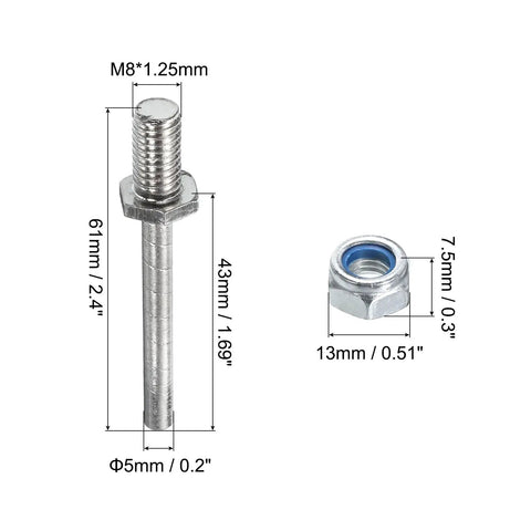 Pack Of 3 Beefy Steel Landing Gear Axles For RC Planes, 0.2 Inch Diameter By 2.4 Inch Length, M8 Threaded Wheel Drive Shafts With Nuts