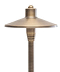 Close-up of the head of a G2 12V Brass Path Light from 4 Pack Kit with 3W 2700K Warm White G4 LED Bulbs For Low Voltage Landscape Lighting.