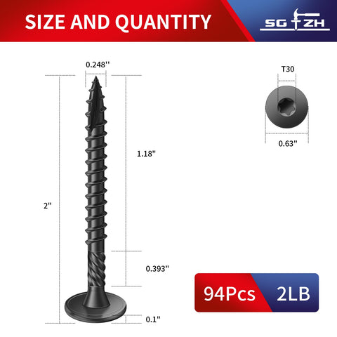 Heavy Duty 2 Inch Outdoor Structural Wood Deck Screws Size 14, 94 Pieces, Carbon Steel, Black, diagram with T30 Star Bit