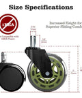 Top Shelf Office Chair Wheels Replacement Set Of 5 With Silky Smooth Quiet Rolling Rubber Casters 3 Inch Profile Seven Sixteen Inch Stem Universal Fit For Gaming And Swivel Chairs Floor Safe For Hardwood Carpet Tile No Sweat Install Green size specifications showing stem height and wheel size.