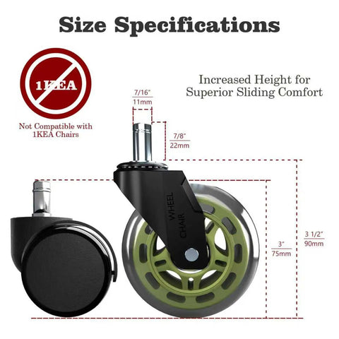 Top Shelf Office Chair Wheels Replacement Set Of 5 With Silky Smooth Quiet Rolling Rubber Casters 3 Inch Profile Seven Sixteen Inch Stem Universal Fit For Gaming And Swivel Chairs Floor Safe For Hardwood Carpet Tile No Sweat Install Green size specifications showing stem height and wheel size.
