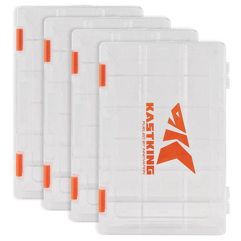 Four 3600 trays for versatile tackle bag with four 3600 trays for saltwater and freshwater fishing, transparent with orange clips.