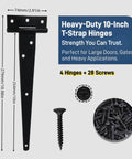 Image showing a Four Pack 10 Inch T Gate Hinge Heavy Duty Outdoor Rustproof Black Strap Hinges with screws for barn doors.