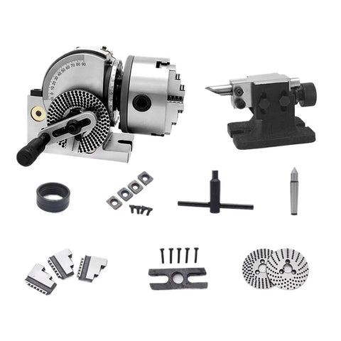 4 Inch Precision Dividing Head With 3 Jaw Chuck Semi Universal Rotary Table For Milling Machine featuring components and accessories.