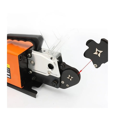 Super Heavy Duty Pneumatic Crimping Tool With Four Die Sets For Wire Terminals, showing die attachment mechanism close-up.