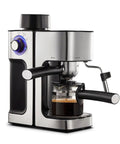 Fast Heating Automatic Espresso Machine With Milk Frother Wand For Cappuccino Latte Macchiato And More No Fuss Quiet Operation Dual Temperature Control For Espresso And Frothing Easy To Use Home Barista Coffee Maker in stainless steel with a side view showing the frother wand and dual-control knob.