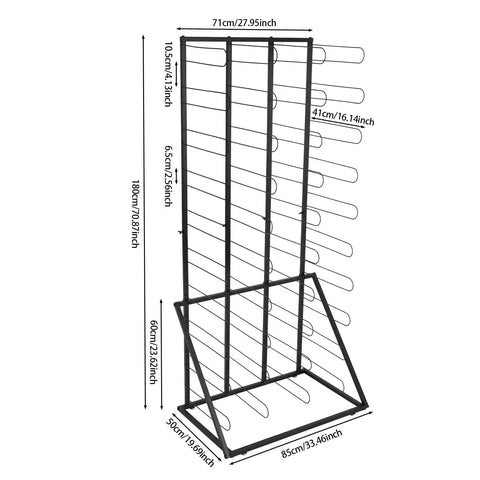 Heavy Duty Vinyl Roll Floor Storage Rack And Paper Organizer For Print Shops And Art Studios With Forty Long Shelves, black, dimensions shown.
