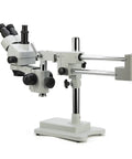 Simul Focal Trinocular Stereo Zoom Microscope Pro With WH10x Eyepieces 0.7x To 4.5x Objective 144 LED Ring Light Double Arm Boom Stand Includes 0.5x And 2.0x Barlow Lenses Great For Research Gemology Circuit Board Repair Engraving And More, on double arm stand