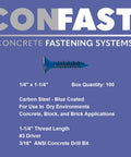 One Quarter Inch By One And One Quarter Inch Blue Flat Phillips Concrete Screw Anchor With Drill Bit For Masonry Block Or Brick Self Tapping Diamond Point And Quick Drive Design 100 Per Box CONFAST on blue background