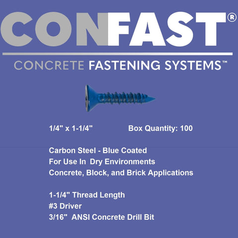 One Quarter Inch By One And One Quarter Inch Blue Flat Phillips Concrete Screw Anchor With Drill Bit For Masonry Block Or Brick Self Tapping Diamond Point And Quick Drive Design 100 Per Box CONFAST on blue background