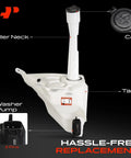 Windshield Washer Reservoir Tank Assembly For Toyota Tacoma 1998-2004 With Cap And Washer Pump 2.5 Liter Capacity Plus Sensor Hole Replace 8531504060 Direct Fit showing complete assembly with filler neck and cap.