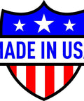 Blue shield with stars and 'Made in USA' text in front of red and white stripes.