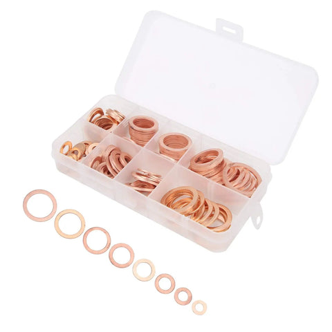 Premium 120 Pcs Red Copper Washers Assortment Kit For High Heat Exhaust And Hydraulic Joints With Multiple Sizes From 6mm To 20mm Plus Storage Box, open organizer