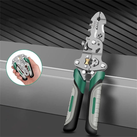 Hot 16 In 1 Foldable Wire Stripper And Crimping Tool with ergonomic grip, carbon steel structure, ideal for electrical work.