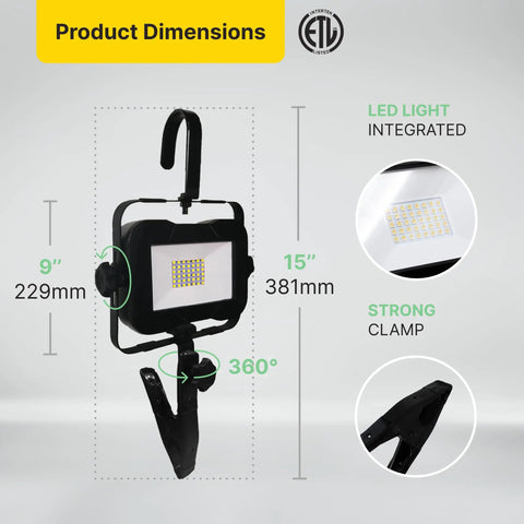 Portable LED Work Light With Clamp Or Hanging Hook That Slaps, 15W, 1800 Lumens, 4000K Cool White, IP65 Weatherproof, with dimensions.