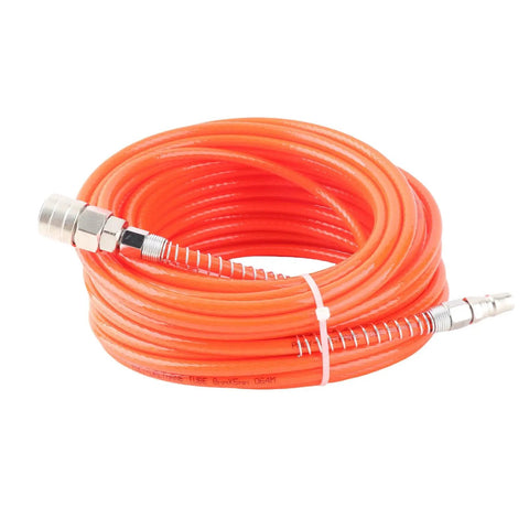 Heavy Duty Air Compressor Hose 20M With One Quarter Inch NPT Connector For Pneumatic Tools Auto Repair Shops Plus Home Garages High Pressure PU Tube 15Bar Handle Tire Inflation Impact Wrench Job Sites Workshop Beast Top Tier Pro Grade Build Red coiled orange PU air hose with metal 1/4 NPT ends