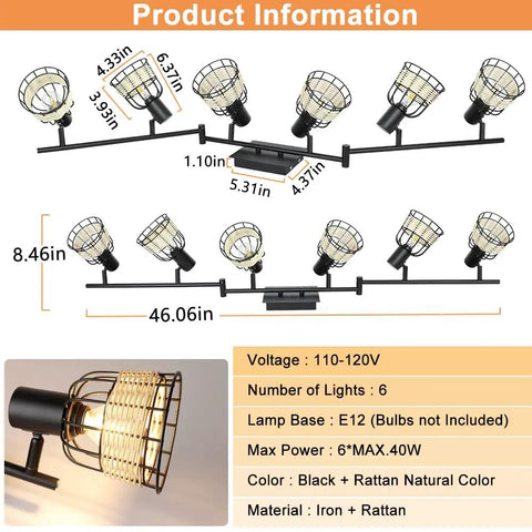 Six Light Bamboo LED Track Lighting Kit With Rattan Cage Industrial Ceiling Spotlight For Kitchen Island Living Room And Bedroom