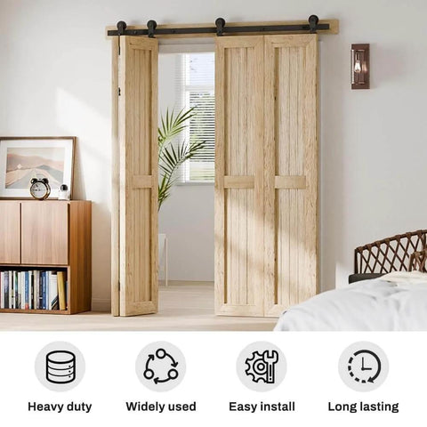 Installed 72 Inch Bi Fold Barn Door Hardware Kit For Four Doors With Top Mount Hangers, seamlessly dividing living space.