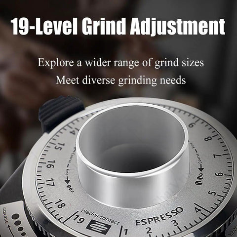 Premium 200 Watt Electric Flat Burr Coffee Grinder With 19 Adjustable Grinding Settings For Espresso Pour Over And Cold Brew Dope Flavor Extraction In A Sleek Black Housing Frame Ready To Roll grind adjustment dial showing 19 levels.