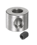 Front view: stainless steel shaft collar with set screw, 4mm bore, 9mm OD, 7mm wide; includes hex wrench