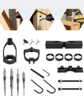 Built Like A Tank Mortising Attachment For Drill Press With Four Piece Chisel Set, assembly components and tools laid out.