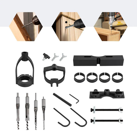 Built Like A Tank Mortising Attachment For Drill Press With Four Piece Chisel Set, assembly components and tools laid out.