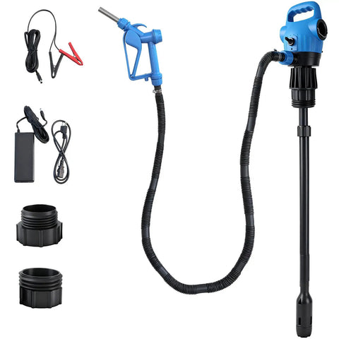 Heavy Duty Electric Drum Barrel Pump For 55 Gallon Drums with accessories for garage oils and fluid transfer.