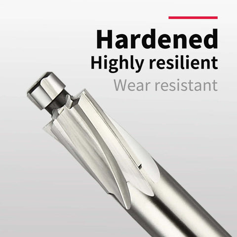 Close-up of M4 straight-shank counterbore end mill, 4-flute HSS, silver, 2-piece set