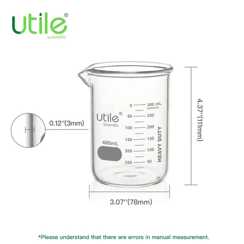 12 Pack 400ml Low Form Beaker Set With Spouts, 13.5oz Thick Borosilicate 3.3 Lab Beakers, Printed Graduation And Large Marking Area