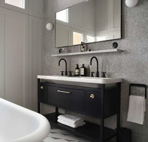 Bathroom with black vanity and champagne bronze cabinet knobs with backplate set of 6, vintage style drawer pulls.