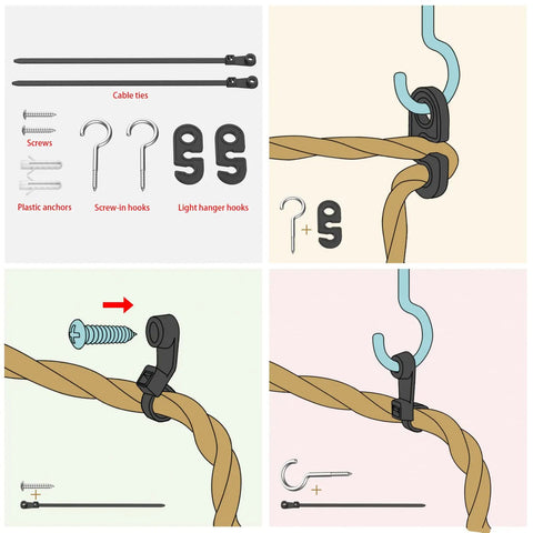 Illustration showing assembly tools and installation steps for Hand Woven Rattan Pendant Light With Plug In Cord 15Ft Hemp Rope