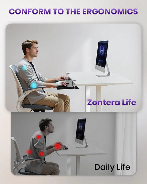 Comparison of ergonomic and non-ergonomic desk setups with Under Desk Keyboard And Mouse Tray With Pull Out Slide, Adjustable C Clamp.