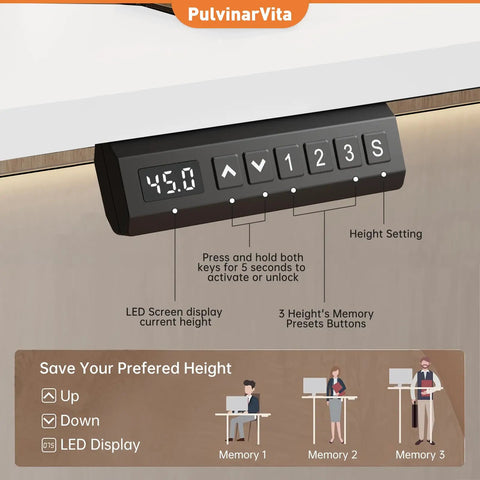 LED display control panel for Dual Motor Standing Desk Frame With Cable Management Tray And Headphone Hook showing height presets